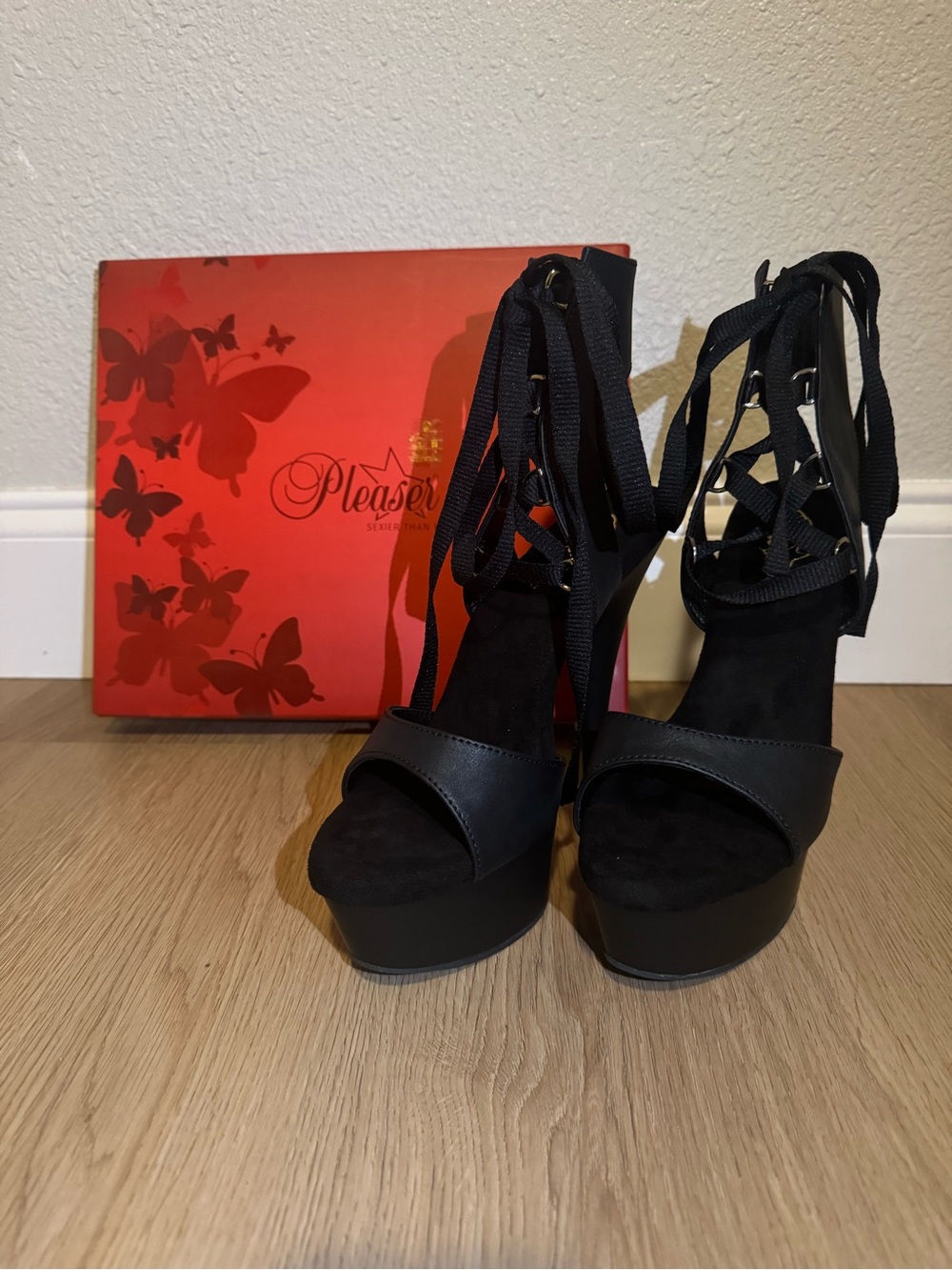 Pleaser Black Lace-Up Platform Heels